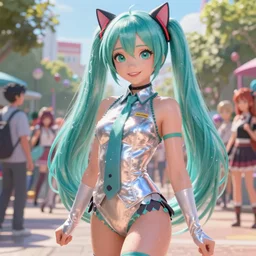 pixar movie still pinup photo of hatsune miku, park background, as hot catgirl woman by pixar : : by greg rutkowski, wlop, rossdraws, artgerm, weta, marvel, rave girl, leeloo, unreal engine, glossy skin, pearlescent, wet, bright morning, anime, maxim magazine, sci - fi : :