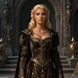 female merchant, blond hair, tanned, beautiful, stunning, detailled, by luis royo, by pixar, by myazaki, gothic, final fantasy, fantasy, medieval