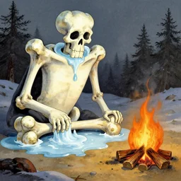 [a cartoon giant thawing off his old winter bones next to a camp fire, in the style of Franklin Booth, in the style of Giorgio de Chirico]