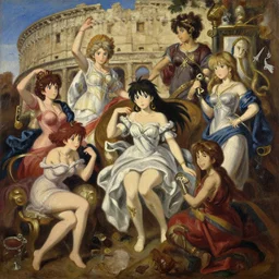 baroque oil painting of anime key visual concept art of the fall of the roman empire but anime girls, trending on artstation, palette knife and brush strokes, oil on canvas, style of makoto shinkai greg rutkowski studio ghibli genshin impact