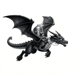 black micron pen illustration, dragon flying with steam punk apparatus on it's back, clean lines, really clear, crisp detail, fine pen, artstation, Ian Miller