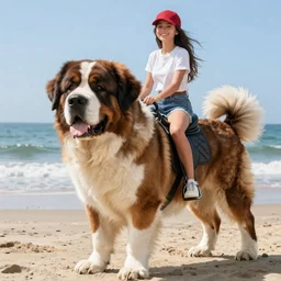 girl riding a giant saint Bernard at the beach, trending on artstation