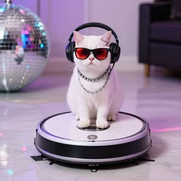 white cat wearing sunglasses, cat sitting on top of roomba, roomba, cat wearing headphones, cat wearing chains around neck, reflective marble floor, disco party lights, red tinted sunglasses, cat wearing chains
