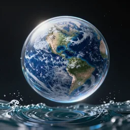 planet earth inside a bubble floating on a wave
