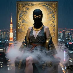 japanese female black balaclava mask sculpture with golden necklace and open kimono, volumetric fog, art noveau, fresco by michaelangelo, photo portrait, beautiful female model, tokyosky, female sitting on skyscreapper, rain, city neon light, bokeh, long exposure, kodak promax 4 0 0, sony lens, golden fractals and dmt, dramatic light
