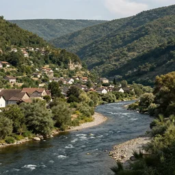 village straddling a river, mountain-side, 8K, vray, photorealism, Octane render.