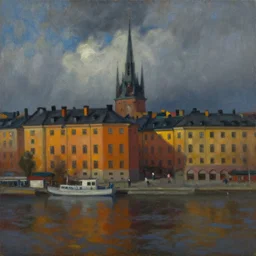 beautiful oil on canvas painting of stockholm, dramatic lighting, cinematic, by dan mumford, by greg rutkowski, by wlop, by namek