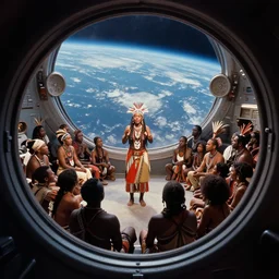 a analogue photo of a tribal dj entertaining a crowd on a spaceship, planet earth seen in porthole window, wide angle, photography by Martha Cooper