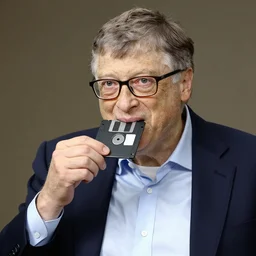bill gates eating a 3. 5 inch floppy disk
