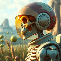 a skeleton astronaut with his helmet off by kren cushart on a colorful alien wheat world with lime trees