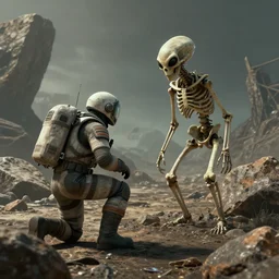 an space soldier investigating skeleton of an alien on an dead world full of rocks, award winning, trending on artstation, unreal engine