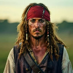 outdoors photo portrait of an rugged albino african pirate with a red headband | brown vest | strong young adult, thin blonde mustache, afro blonde hair, stern face, rugged and dirty, cinematic lighting at sundawn, movie color grading