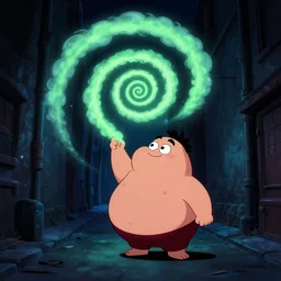 chubby cartoon concept art, spiral, a dark night alley, from lorax movie, black blue green, spiral clouds, sam and max