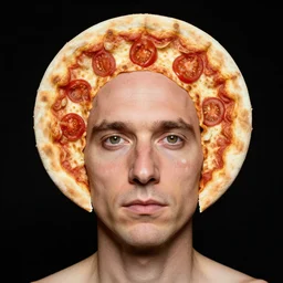 portrait of man with a rare deformational condition making the head flat and circular like a pizza, head looks exactly like a pizza, doughy skin with white pores, blemishes look like tomatoes, soft lighting, sharp focus, highly symmetrical, head and shoulders portrait, black background, masterpiece by george hurrell