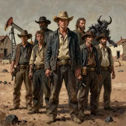 daniel day lewis from there will be blood and joaquin phoenix startting in the western bone tomahawk. world weary, horror, gloomy. grime, dirt, motor oil, coal. desert scene with dilapidated old buildings. oil painting, highly detailed, centered, digital painting, artstation, concept art, smooth, sharp focus, illustration, artgerm, tim bradstreet, tomasz alen kopera, peter mohrbacher, donato giancola, joseph christian leyendecker, zdzisław beksinski, drew struzan, hell demons