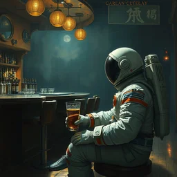 an astronaut sits at a bar after a long day, beautiful concept painting by caravaggio and ruan jia and jakub rebelka and van gogh