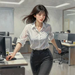 dynamic composition, motion, ultra-detailed, incredibly detailed, a lot of details, amazing fine details and brush strokes, colorful and grayish palette, smooth, HD semirealistic anime CG concept art digital painting, watercolor oil painting of an office lady, by a Chinese artist at ArtStation, by Huang Guangjian, Fenghua Zhong, Ruan Jia, Xin Jin and Wei Chang. Realistic artwork of a Chinese videogame, gradients, gentle an harmonic grayish colors.