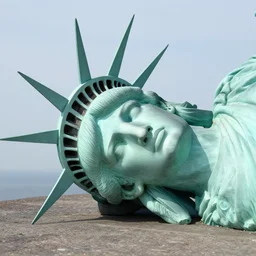 statue of libertys head with crown is lying sideways on the ground abandoned
