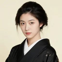 hyperrealism close - up portrait of a beautiful woman in black silk kimono, ivory background, by roy liechtestein, 4 k, hd