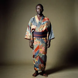 analogue photo of an african chief wearing a colourful Japanese Kimono, african facial features, full body shot, rembrandt lighting 35mm, f/1.4, photographed by Martha Cooper,