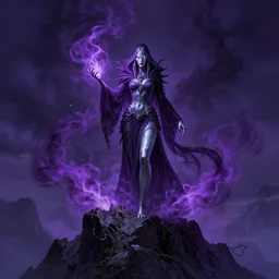 ghost, tall, silver skin, warlock woman with glowing white eyes standing on a jagged mountain top conjuring dark purple smoke glowing magic all around her, illustration, cinematic lighting, 8 k, d & d, frostbite 3 engine, dof, artstation, tangled, digital art, twilight ray, art by tsuyoshi nagano, greg rutkowski, artgerm, alphonse
