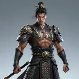 attractive muscular male with armor, tang dynasty, three kingdoms, character design, dynamic lighting, cool and bright tint, painting by gaston bussiere, craig mullins, j. c. leyendecker, tom of finland