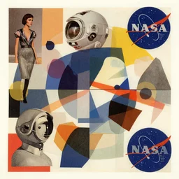 an abstract mid - century modern collage of random shapes cut from vintage science and fashion magazines depicting 2 0 0 1 : a space odyssey, as imagined in 1 9 5 6. nasa.