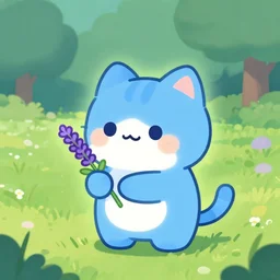 illustration of a glowing cute blue cat holding lavender in grassy field with trees in the background, concept art, artstation