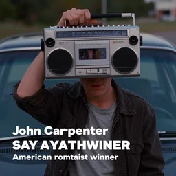 a man holding up a cassette player in front of a car, a screenshot by john carpenter, pinterest contest winner, american romanticism, synthwave, reimagined by industrial light and magic, vaporwave, sadpeople aesthetic, the boombox scene in say anything