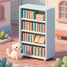 bookshelf with a cat, brick streets, ancient manuscripts, nordic pastel colors, 3 d art, digital illustration, perfect lighting