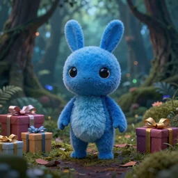 blue snappy doll in magical forest, gifts, dark atmosphere, high detail, soft lighting, 8 k