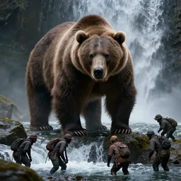 giant grizzly bear looming down at some human poachers near a waterfall, dark fantasy, dnd, extremely detailed, sharp focus, smooth, matte painting, concept art, vaporwave style, chiaroscuro, trending on artstation!!!