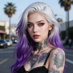 los angeles on background, cute woman, cute girl, young woman, white skins, verry tattooed, white and purple hair, make - up, tattooed, himhighly detailed, 8 k, cinematic, 3 5 mm, ultra 8 k, photography, vray render, high resolution, photorealistic, photo, realism, sharpphotography, a photograph of, maximum detail, sharp focus, intricate details, highly realistic, cinematic lighting, volumetric lighting, photography, artstation