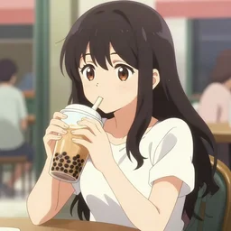anime film visual of a young woman drinking boba tea in a outdoor cafe, cute face, detailed eyes, pixiv gelbooru danbooru dynamic pose, anime poster, cel shaded