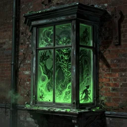 street view from window second floor innsmouth street, green light dust, magnificent, close up, sharp focus, evil fluid, negative energy, horror, creepy, serious, giger style, highly detailed, illustration, by jordan grimmer greg rutkowski wlop maya takamura, intricate, trending artstation, pixiv, digital art