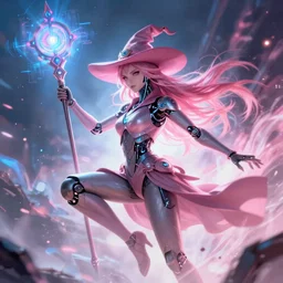 A cybernetic witch wielding a futuristic power staff, digital apex legends illustration portrait, gorgeous lighting, wide angle action dynamic portrait, art by Josan Gonzalez, Pink and blue palette, high contrast,