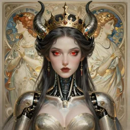 concept art by artgerm, attractive i robot demon queen!, with crown and red eyes, soft natural light, intricate, elegant, highly detailed, digital painting, artstation, concept art, smooth, sharp focus, illustration, art by by gaston bussiere and greg rutkowski and alphonse mucha and uang guangjian and gil elvgren, symmetry!!