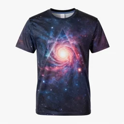 photo of a t - shirt with a cool galactic print in a triangular pyramid shape on the chest in the style of maximalism, product photo
