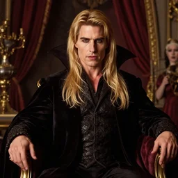 majestic gracious regal aristocratic a long blond haired tom cruise as vampire lestat de lioncourt portrait, luxurious indoor setting, menacing, atmospheric lighting, painted, voluptuous, menacing, intricate, volumetric lighting, rich deep colours masterpiece, sharp focus, ultra detailed, by leesha hannigan, ross tran, thierry doizon, kai carpenter, ignacio fernandez rios