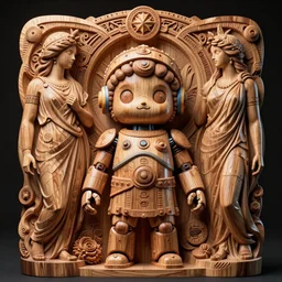 vibrant ultra clear wooden sculpture of beautiful cute robot roman god by sandra chevrier laurie greasley gustave dore ron english alphonse mucha, cybernetics, low contrast, cinematic dramatic lighting, hyper realistic detailed intricate render, hypermaximalist, ornate, epic composition, 4 k 8 k, cryengine octane blender, sharp focus, concept art, masterpiece of art
