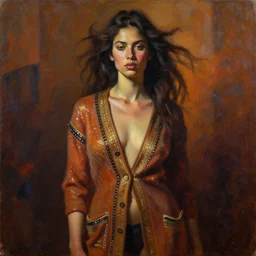 detailed full body portrait in daring femininity, ethnic, realistic face sculpted features, statuesque model, cardigan, tousled hair, warm cast, bathed in light, chiaroscuro, embellished accents, cinematic lighting, specular highlights, angular impressionism, radiant, deep rich tones, contemporary art, oil on canvas