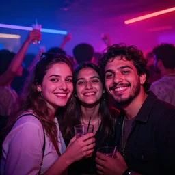 friends partying and are facing the camera, crowd in the back, neon, abstract style