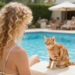 a girl with curly blonde hair at a pool party with an orange tabby kitten looking on