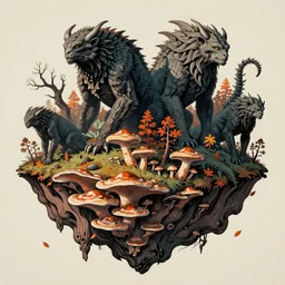 ancient creatures, by gediminas pranckevicius, by james gilleard, dark shadows, autumn, woodblock, split - complementary - colors, polished, tremella - mesenterica, mycena acicula, on a floating island