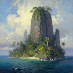landscape of a mystic tropical fantasy island, with ocean in the foreground, artstation, oil painting, painted ruan jia raymond swanland lawrence alma tadema zdzislaw beksinski norman rockwell tom lovell alex malveda greg staples