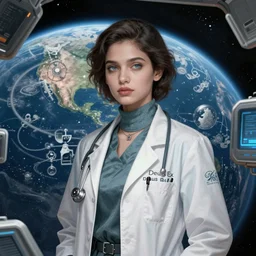 Sensual beautiful female pale young Indian doctors wearing Deus Ex clothing in a space station above Earth, portrait, elegant, intricate, digital painting, artstation, concept art, smooth, sharp focus, illustration, art by artgerm and greg rutkowski and alphonse mucha