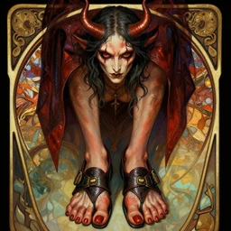 portrait of a demon wearing toe shoes ( vibram five fingers ), digital art, technicolor, grim - lighting, high - contrast, intricate, elegant, highly detailed, centered, digital painting, artstation, concept art, smooth, sharp focus, illustration, artgerm, greg rutkowski, alphonse mucha, steve argyle