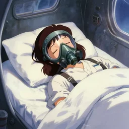 a film still of a 1 9 5 0's mechanic anime girl in oxygen mask sleeping in bed inside spaceship, trending on pixiv fanbox, painted by gaston bussiere, makoto shinkai, akihiko yoshida, gaston bussiere, craig mullins
