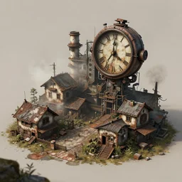 a small cyberpunk rusty village rich cyborgs dark aesthetic soft colours natural steam big clocks concept art octane render