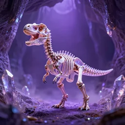 full shot portrait of tiny dinosaur skeleton in glowing crystal cave, detailed, unreal engine 4k volumetric light, fog, purple color palette